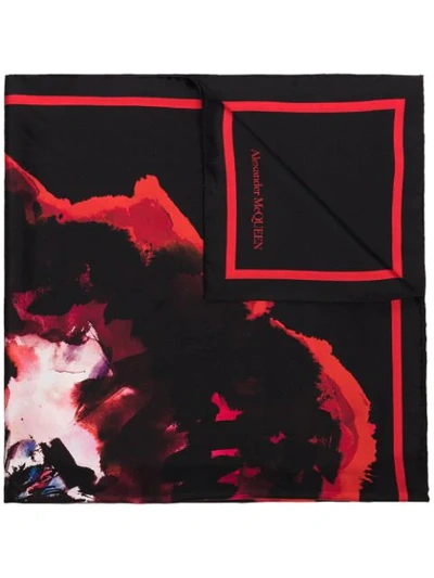 Alexander Mcqueen Black And Red Ink Floral Silk Scarf