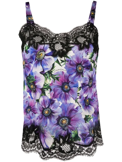 Dolce & Gabbana Satin Underwear Top With Lace And Anemone Print In Purple