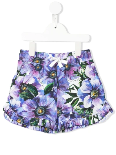 Dolce & Gabbana Kids' Anemone Print Cotton Interlock Shorts In Violet
