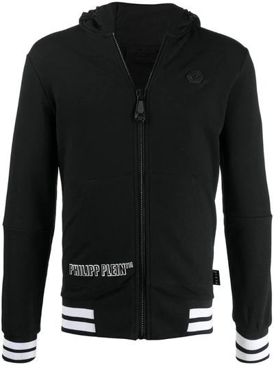 Philipp Plein Striped Trim Zipped Hoodie In Black