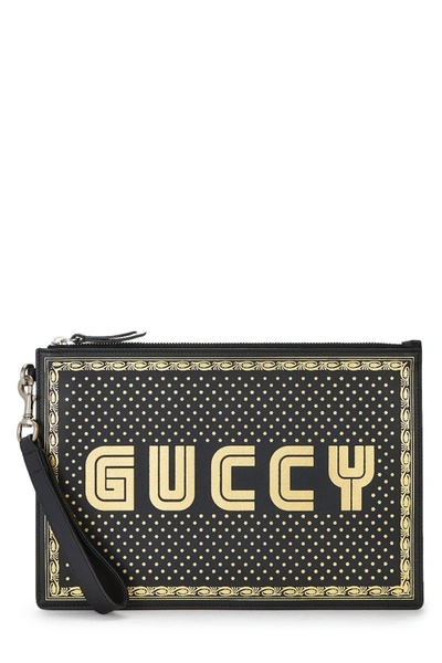 Pre-owned Gucci Black Leather Guccy Moon & Stars Clutch