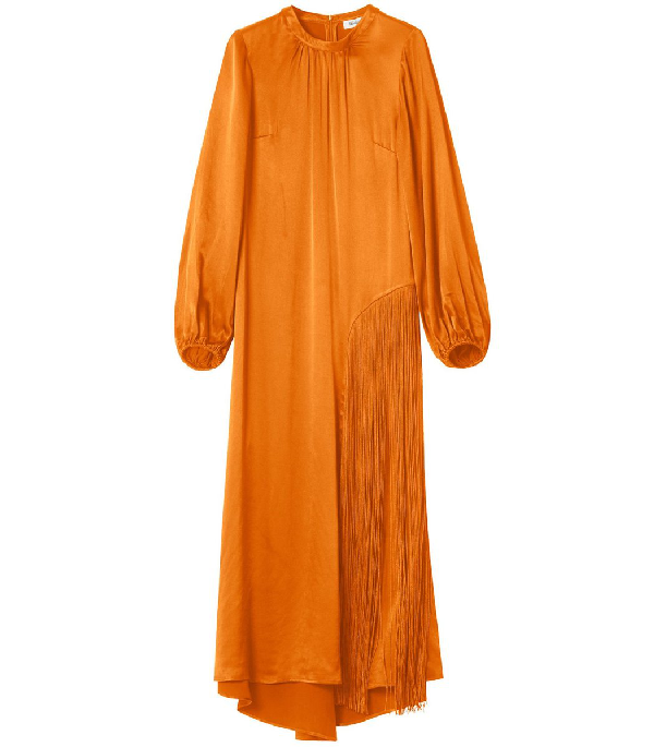 orange silky long sleeve panelled dress