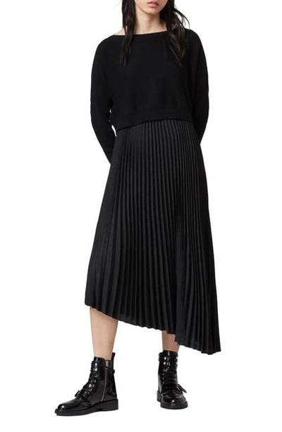 Allsaints Evetta Asymmetrical Midi Dress With Crop Sweater In Black