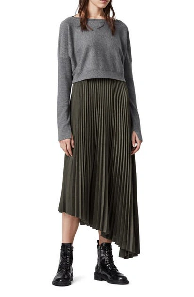 Allsaints Evetta Asymmetrical Midi Dress With Crop Sweater In Khaki/grey