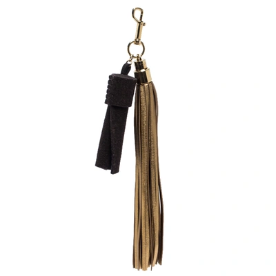 Pre-owned Louis Vuitton Metallic Gold/brown Leather And Fabric Tassel Bag Charm