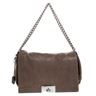 Pre-owned Celine Dark Beige Pebbled Leather Trunlock Flap Chain Bag