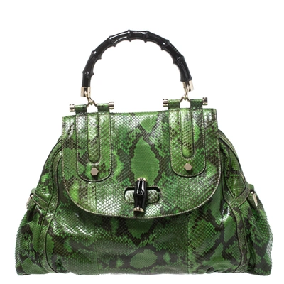 Pre-owned Gucci Green Python Dialux Pop Bamboo Top Handle Bag
