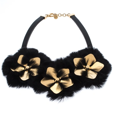 Pre-owned Fendi Black/gold Floral Embellished Leather And Mink Fur Choker Necklace