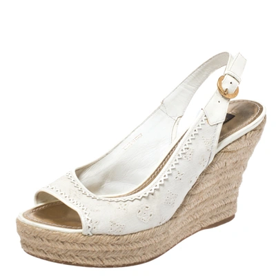 Pre-owned Louis Vuitton White Monogram Canvas And Patent Leather Platform Espadrille Wedge Sandals Size 38.5