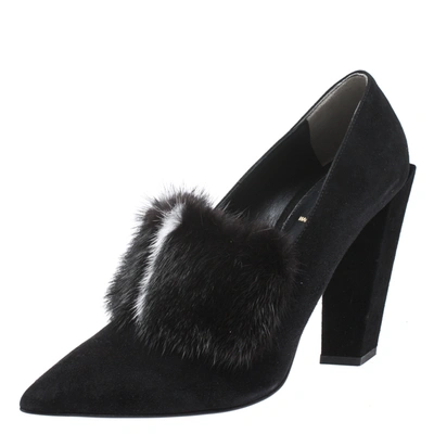 Pre-owned Fendi Black Suede And Mink Fur Alexane Block Heel Pumps Size 39