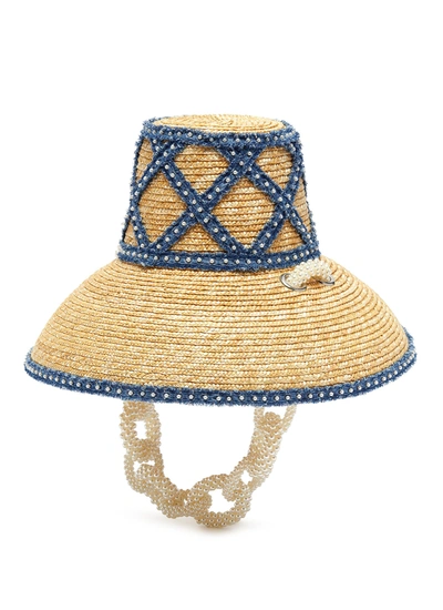 Laurence & Chico Pearl Chain Weaved Denim Straw Bucket Hat In Brown