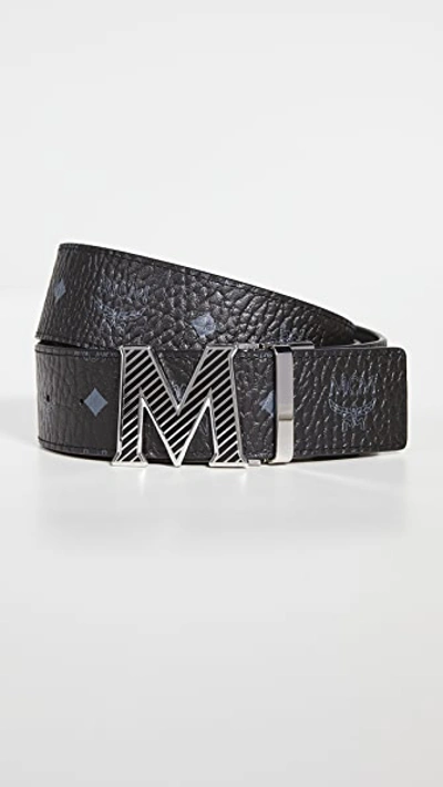 Mcm Claus Reversible Leather & Coated Canvas Belt In Black