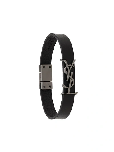 Saint Laurent Leather And Silver-tone Bracelet In Schwarz