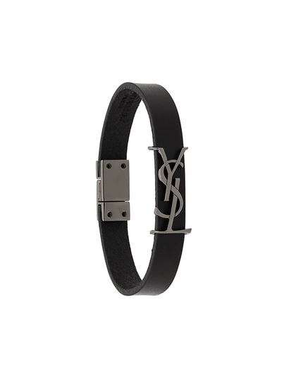 Saint Laurent Leather And Silver-tone Bracelet In Black