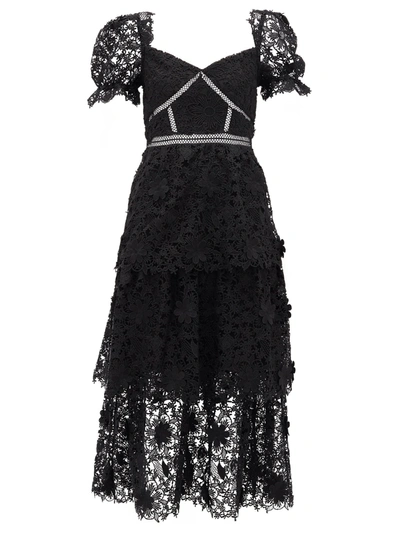 Self-portrait Crochet-trimmed Tiered Guipure Lace Midi Dress In Black
