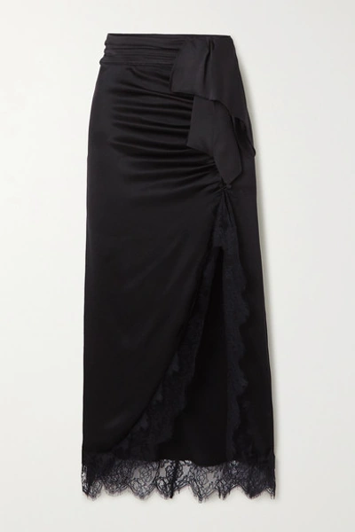 Vanessa Cocchiaro The Aphra Lace-trimmed Draped Ruched Satin Midi Skirt In Black
