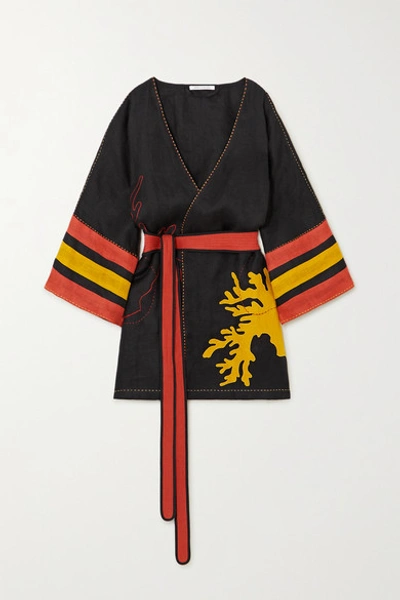 Eres + Vita Kin Antarctica Embroidered Linen Kimono In Black | ModeSens