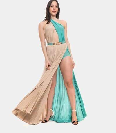 Elisabetta Franchi Belted Two-tone Pleated Long Dress In Neutral | ModeSens