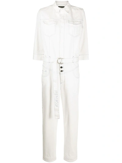 Pinko Belted Denim Jumpsuit In White