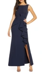 Eliza J Sleeveless Cascading-ruffle Gown In Navy