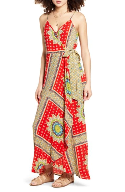 Band Of Gypsies Vivian Maxi Wrap Dress In Red/ Beige