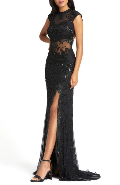 Mac Duggal Illusion Sequin Gown In Black