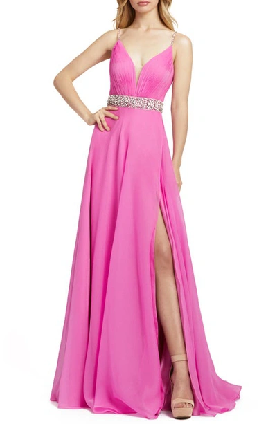 Mac Duggal Crystal Beaded Chiffon Gown In Hot Pink