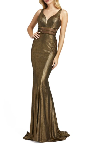 Mac Duggal Metallic Trumpet Gown In Antique Gold