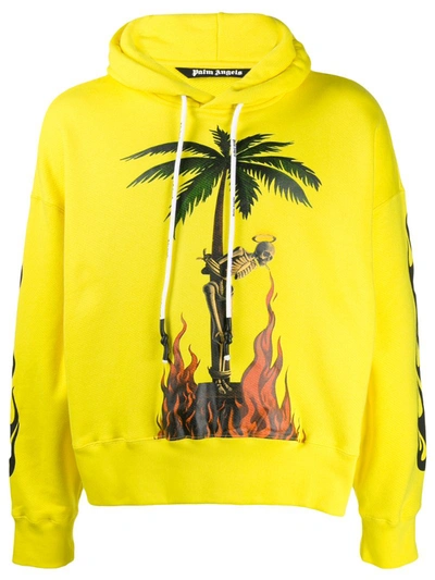 Palm Angels Burning Skeleton Print Hoodie In Yellow Multicolor