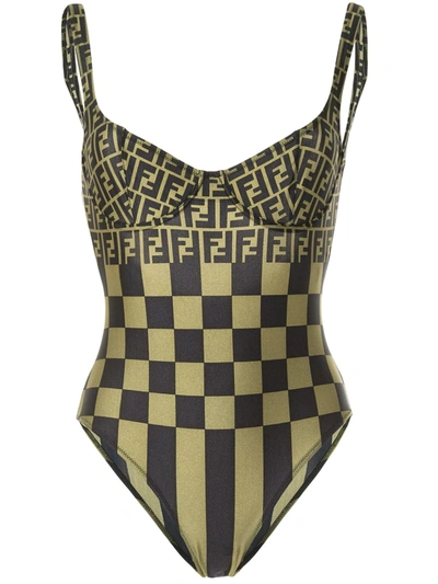 Pre-owned Fendi Zucca Pattern Checked Swimsuit In Black