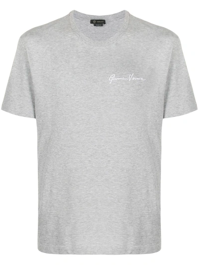 Versace Logo-embroidered T-shirt In Grey