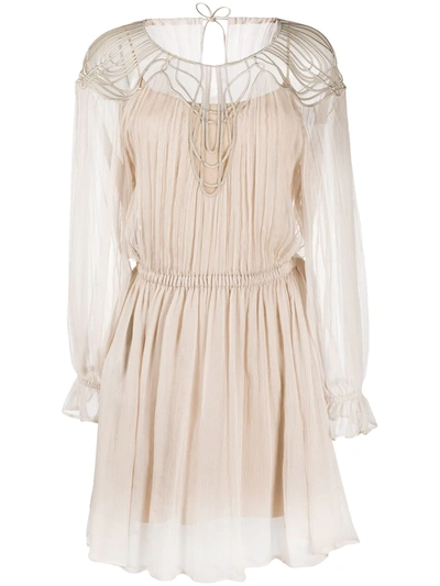 Alberta Ferretti Long Sleeve Sheer Chest Panel Dress In Neutrals