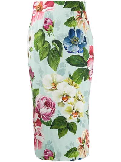 Dolce & Gabbana Floral-print Crepe Pencil Skirt In Blue