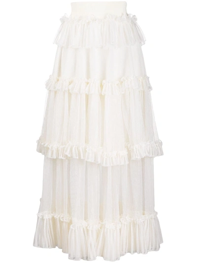 Alexander Mcqueen Ruffled Silk-trimmed Ribbed-knit Midi Skirt In White