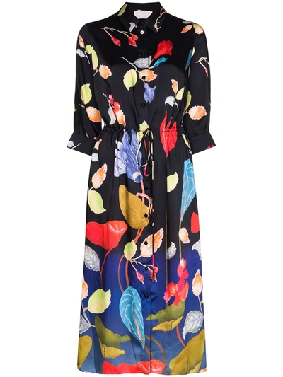 Peter Pilotto Floral-print Satin-twill Midi Shirt Dress In Black