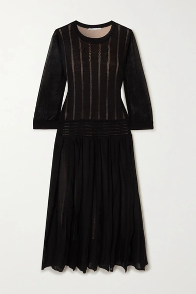 Agnona Pleated Open-knit Cotton-blend Midi Dress In Black