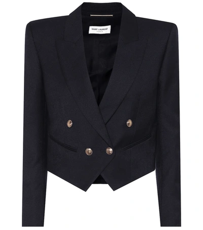 Saint Laurent Cropped Double-breasted Wool-twill Blazer In Blue