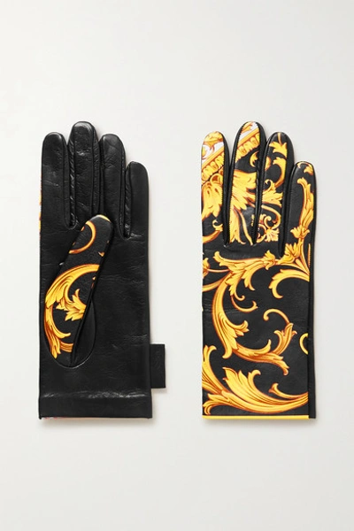 Versace Printed Leather Gloves In Black