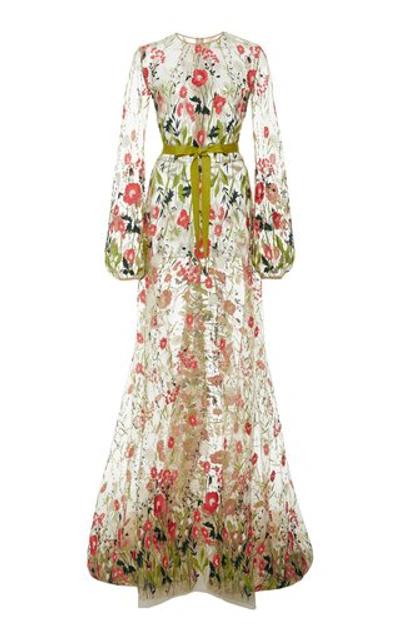 Naeem Khan Tie-detailed Embroidered Chiffon Gown In Green