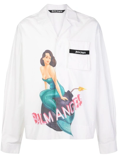 Palm Angels Mermaid Print Logo Shirt In White