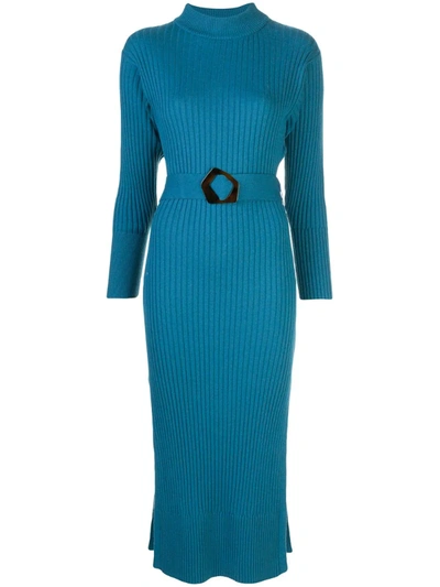 Nicholas Rib-knit Belted Midi Dress In Blue