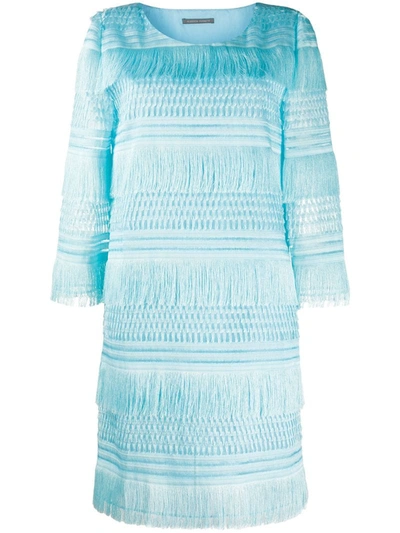Alberta Ferretti Tiered Fringe Dress In Blue