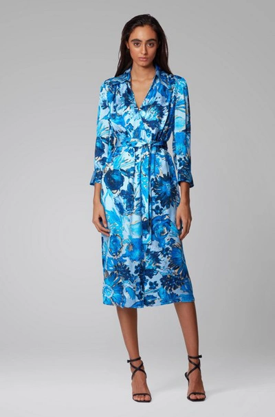 Hugo Boss Monogram Shirt Dress In Pure Silk With Floral Print In Patterned