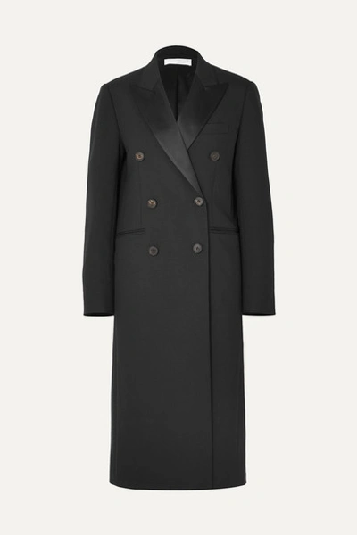 Victoria Beckham Satin-trimmed Double-breasted Wool-gabardine Coat In Black
