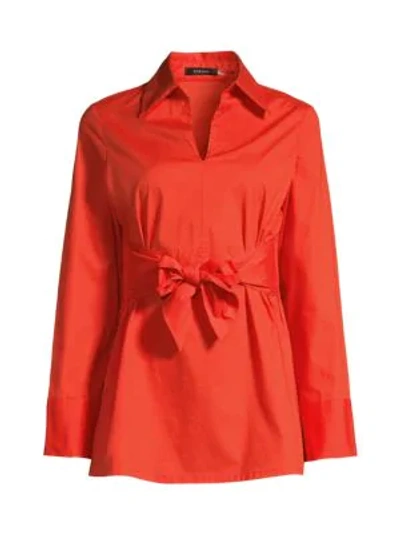 Natori Tie-front Cotton Poplin Long-sleeve Blouse In Poppy Orange