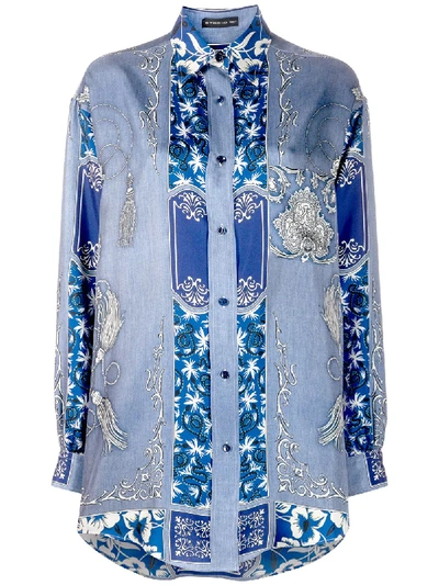 Etro Silk Panel Floral Tassel Print Button-down Shirt In Blue
