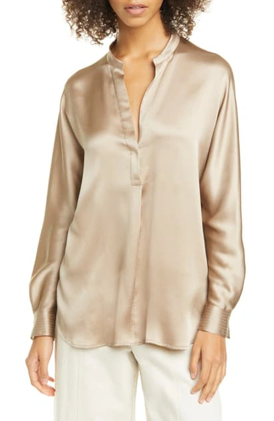Vince Band Collar Long Sleeve Silk Blouse In Taupe