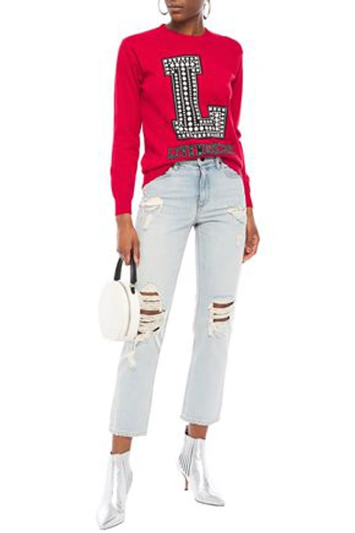 Love Moschino Printed Intarsia Cotton Sweater In Red