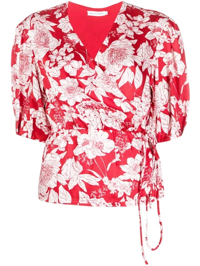 Rebecca Minkoff Mary Floral-print Satin-twill Wrap Top In Red Multi