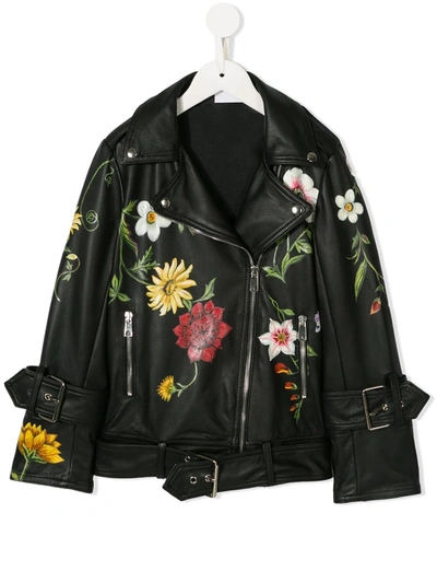 Oscar De La Renta Kids' Floral Print Leather Jacket In Black